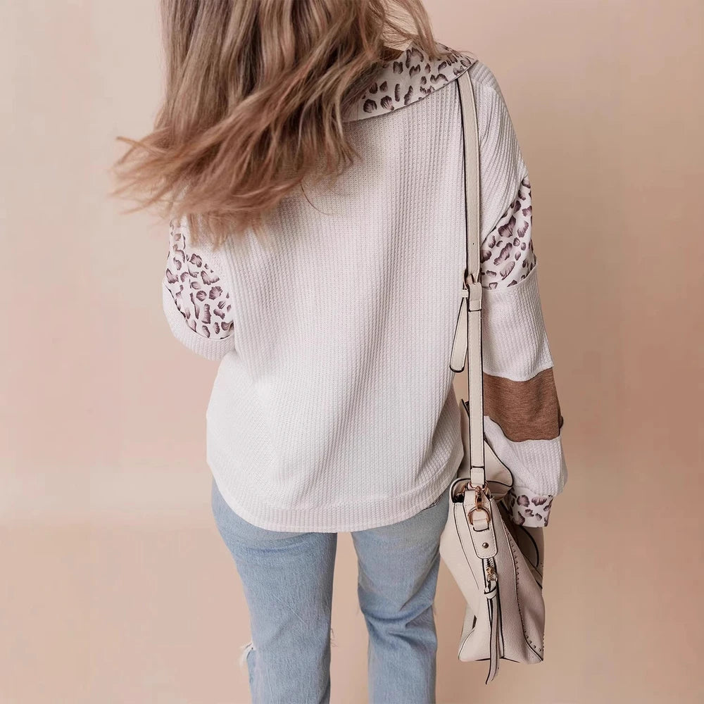White Leopard Print Long-Sleeve Hoodie