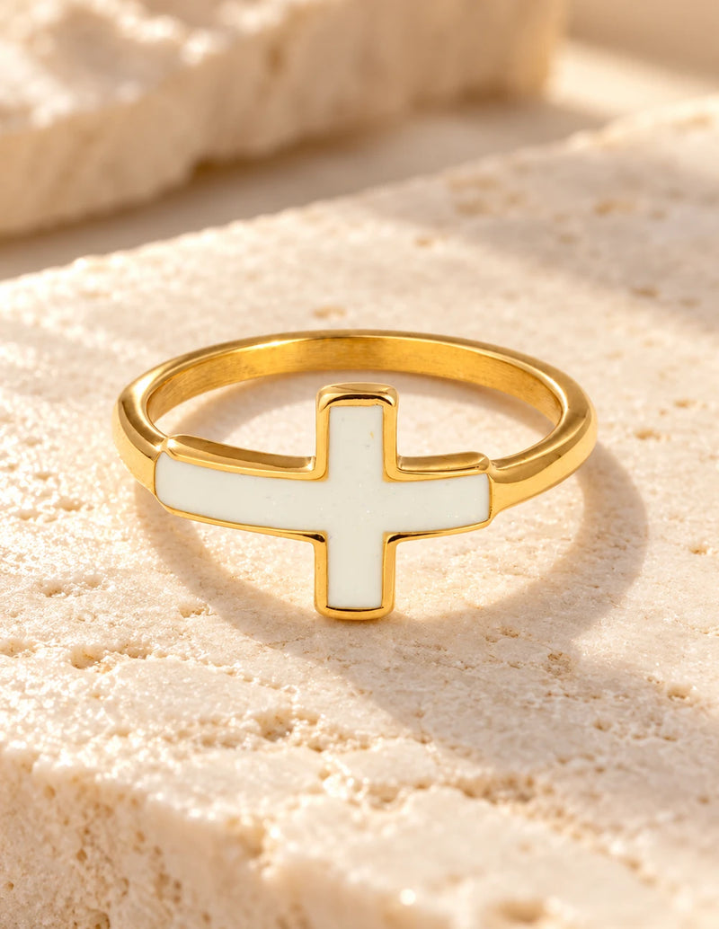 White Enamel Cross Ring
